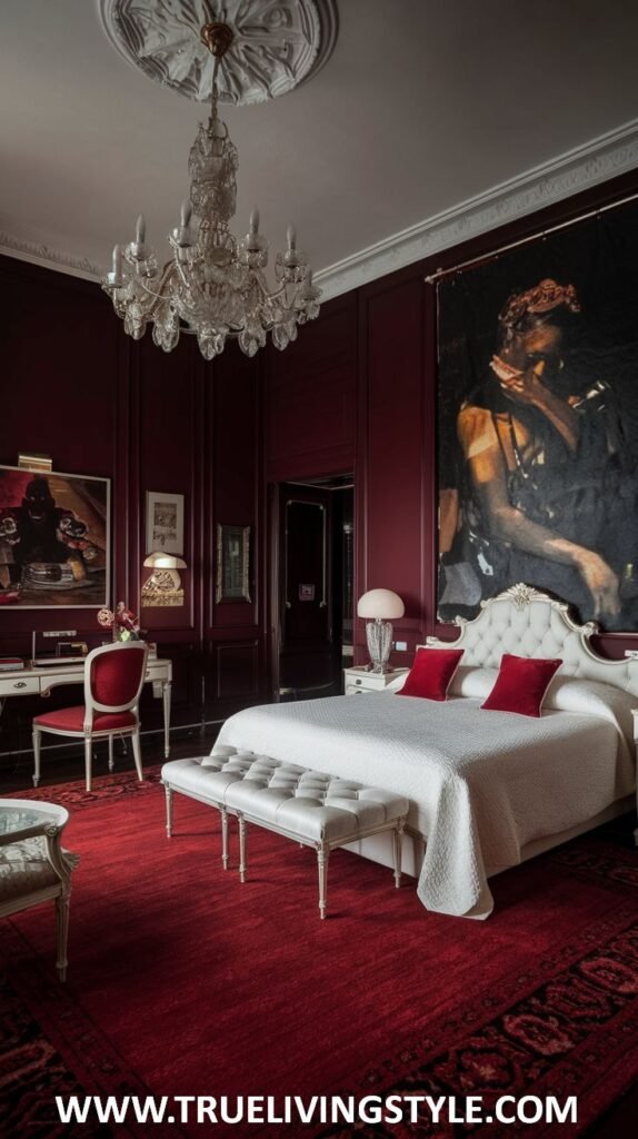 A grand dark red bedroom is dominated by a large, abstract piece of artwork on the wall above a white headboard bed with red pillows. A prominent crystal chandelier hangs from the ceiling, and a soft, light-colored bench is placed at the foot of the bed.