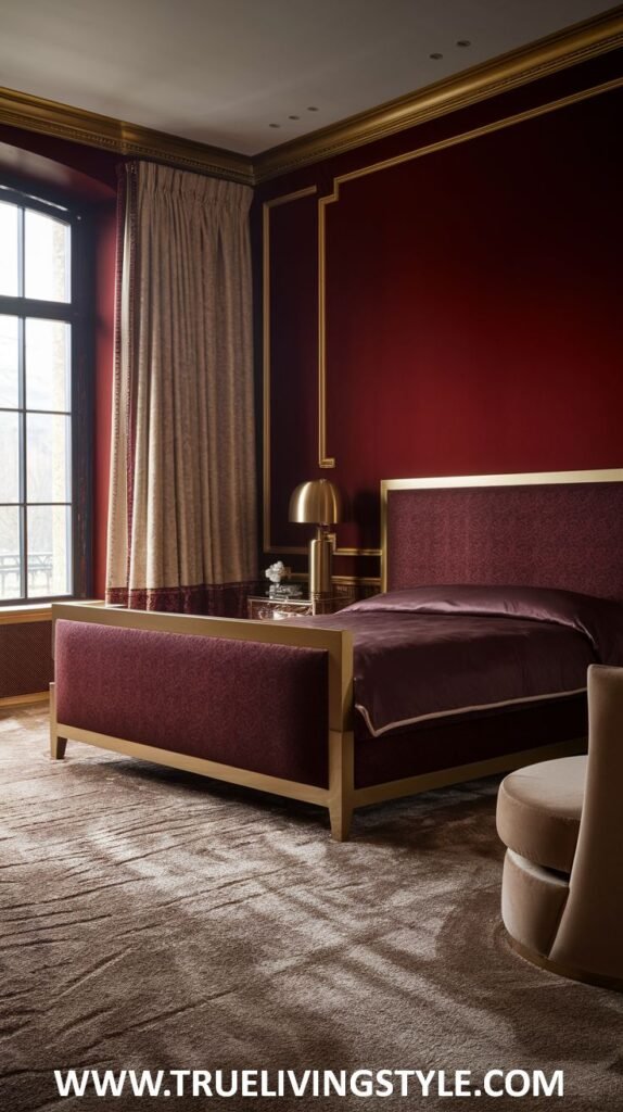 A modern dark red bedroom offers a contemporary luxury feel with dark red walls and a modern bed frame featuring gold detailing. Large windows provide natural light, complemented by sheer curtains. The bedding is simple in coordinating shades of red, and a discreet gold-toned bedside lamp is present.