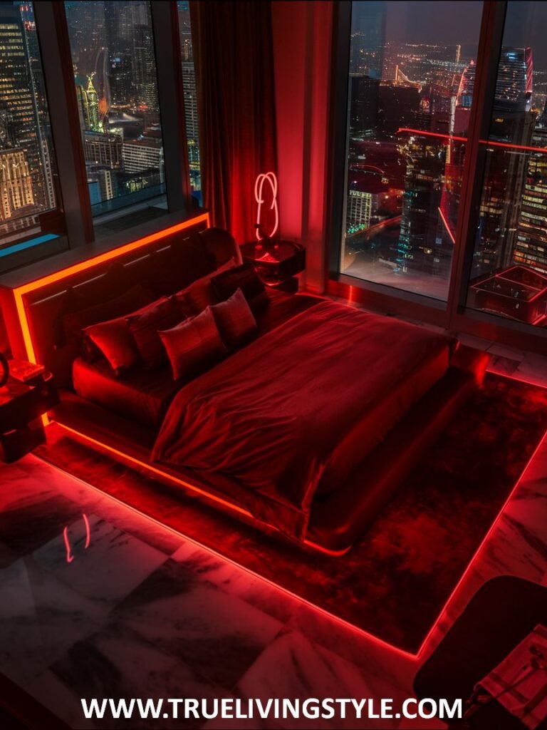 A futuristic dark red bedroom boasts integrated red LED lighting highlighting the platform bed and surrounding areas. Expansive windows reveal nighttime city views. The bed is low-profile with dark bedding, and minimalist dark bedside tables are present.