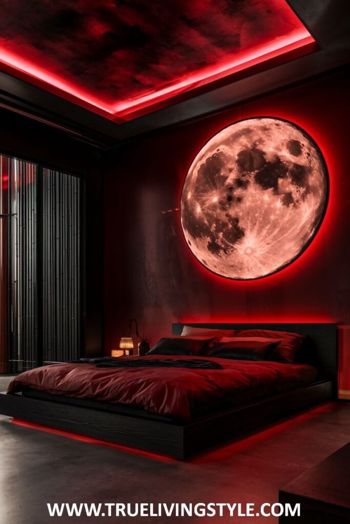 A theatrical dark red bedroom creates a moody ambiance with dark red walls and a striking illuminated red moon artwork on the wall. Red LED strip lighting enhances the atmosphere. The bedding is dark and luxurious in shades of red and black, and the furniture is minimal and dark.