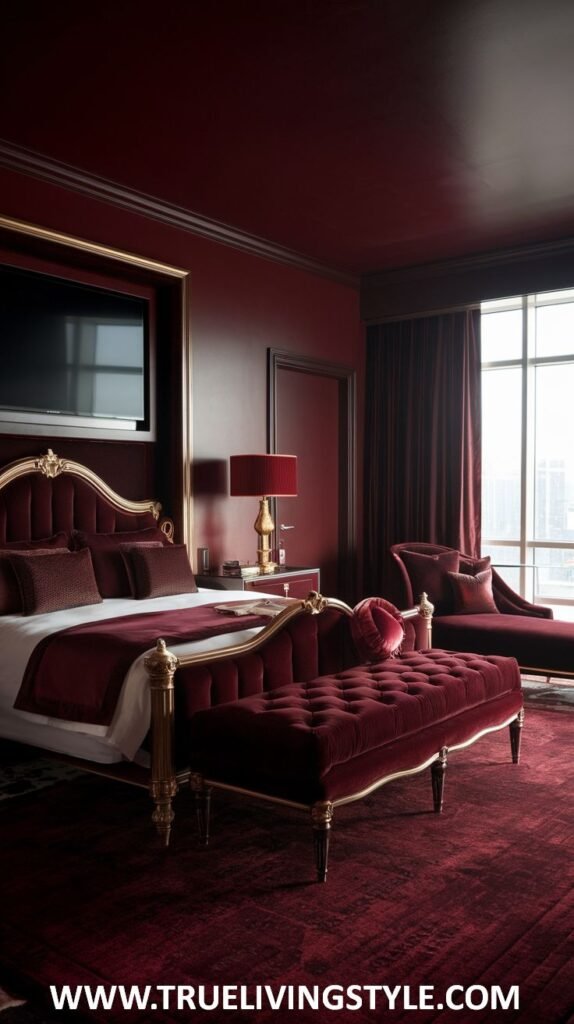 A sumptuous dark red bedroom features a grand tufted headboard on a bed with matching upholstered furniture and gold trim. A comfortable dark red chaise lounge provides a luxurious seating area. Plush textiles in varying shades of red are layered on the bed, and a television is discreetly mounted on the wall.