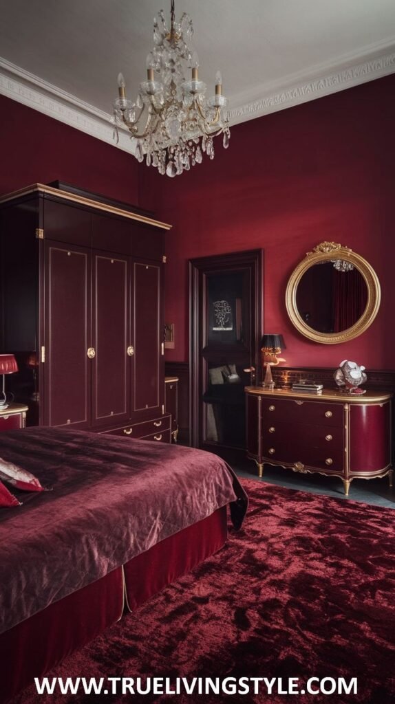A classic dark red bedroom exudes traditional elegance with dark red walls and a large, ornate gold-framed oval mirror above a detailed dresser with a rich dark finish and gold hardware. A luxurious dark red bedspread and coordinating pillows are on the bed, and a decorative crystal chandelier hangs from the ceiling.