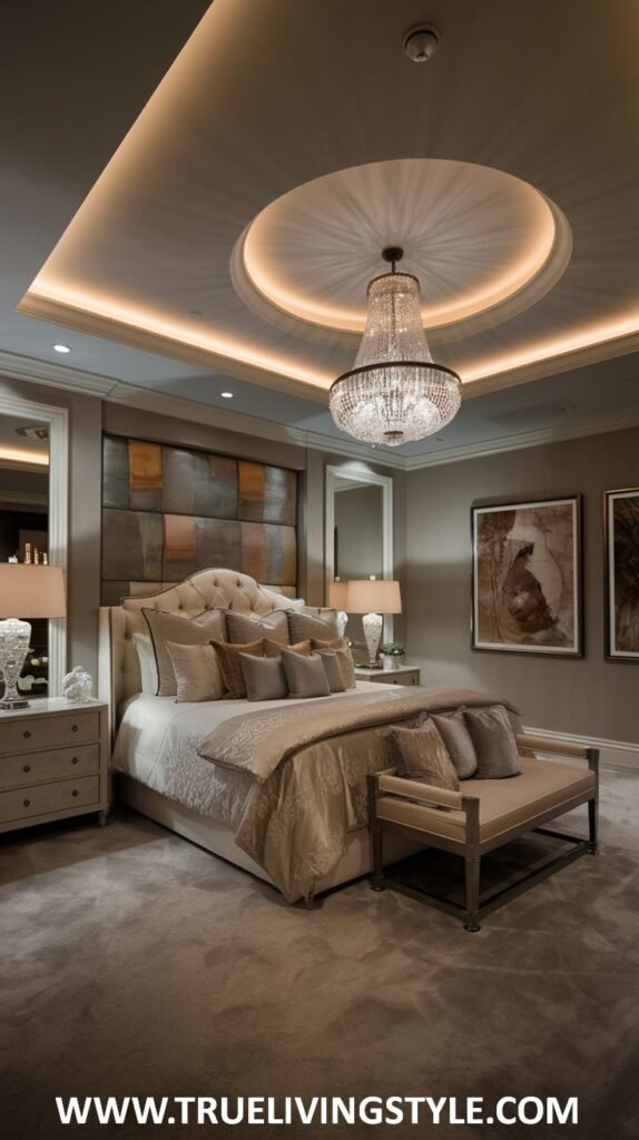 Bedroom featuring a unique headboard design as a focal point.