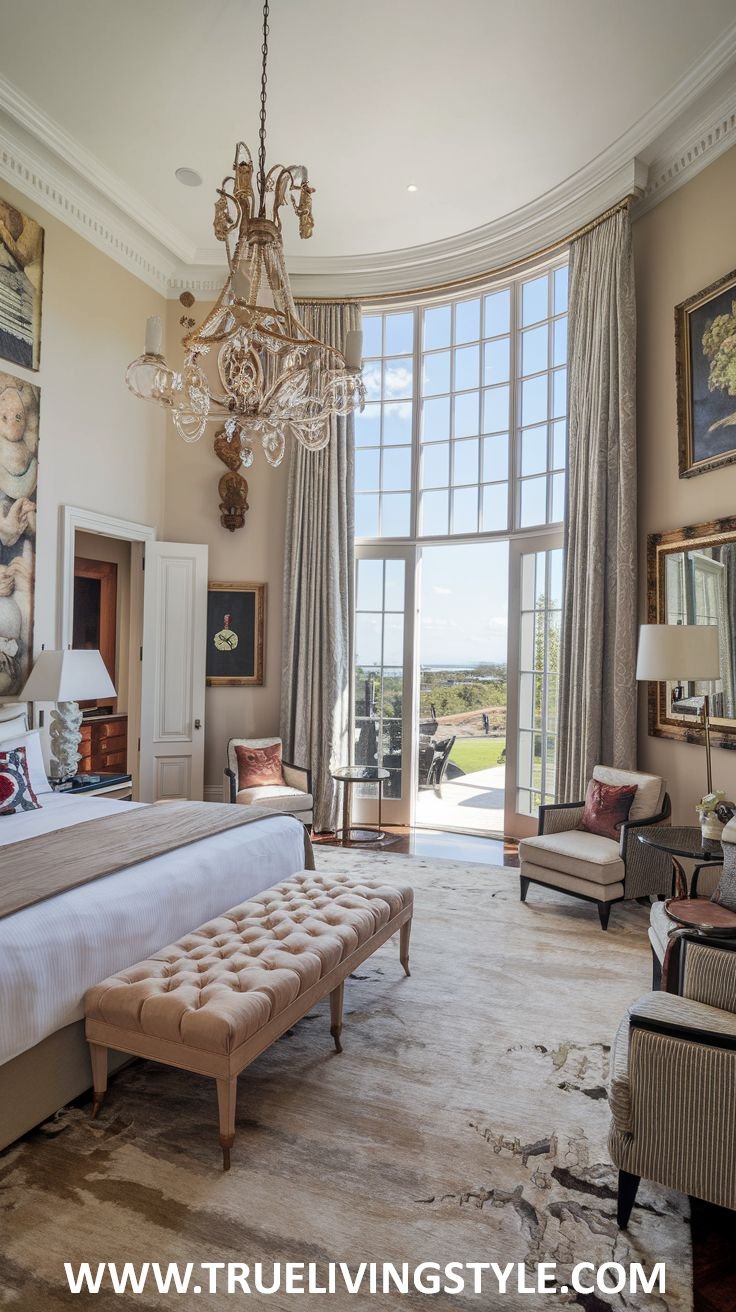 Serene bedroom with large windows overlooking a lush garden.