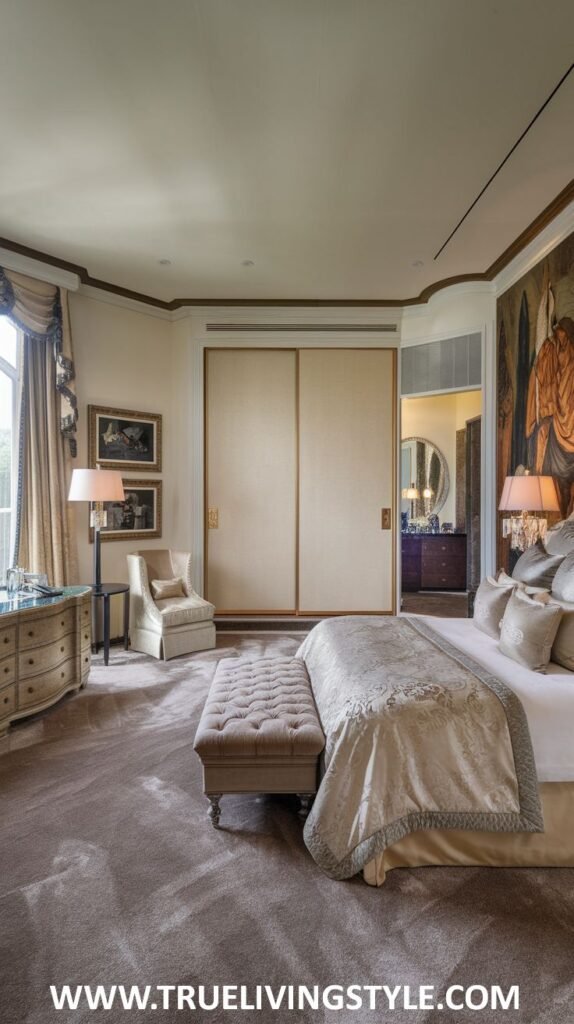 A luxurious bedroom features sliding closet doors, a tufted bench, and warm lighting.