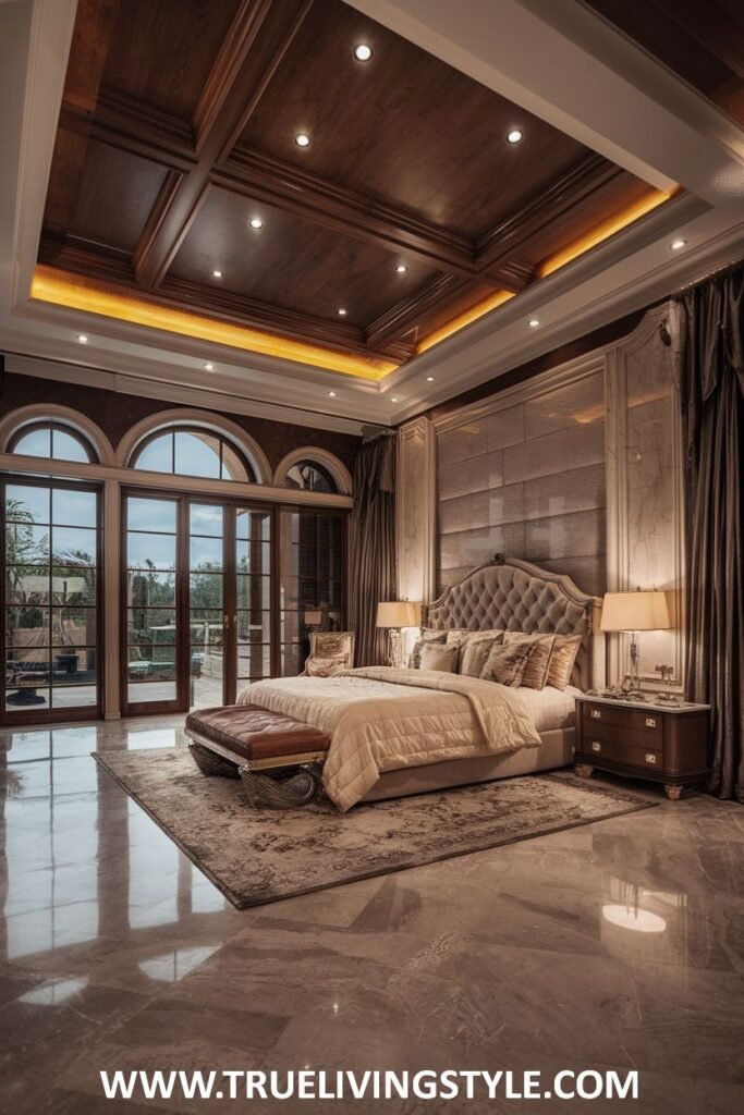 Sophisticated bedroom with a dark wood ceiling and large windows.