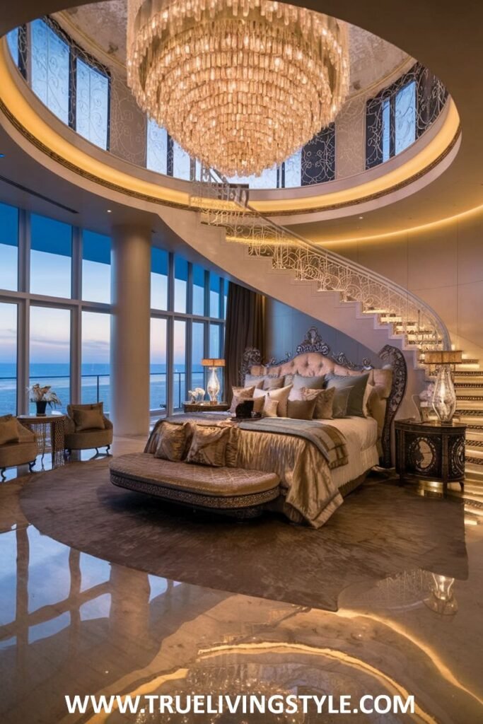 Luxurious bedroom with a spiral staircase and a grand chandelier.