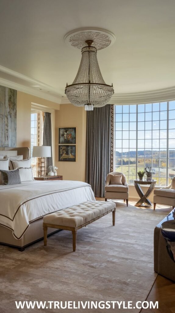 Bedroom featuring eye-catching wall art above a dresser.