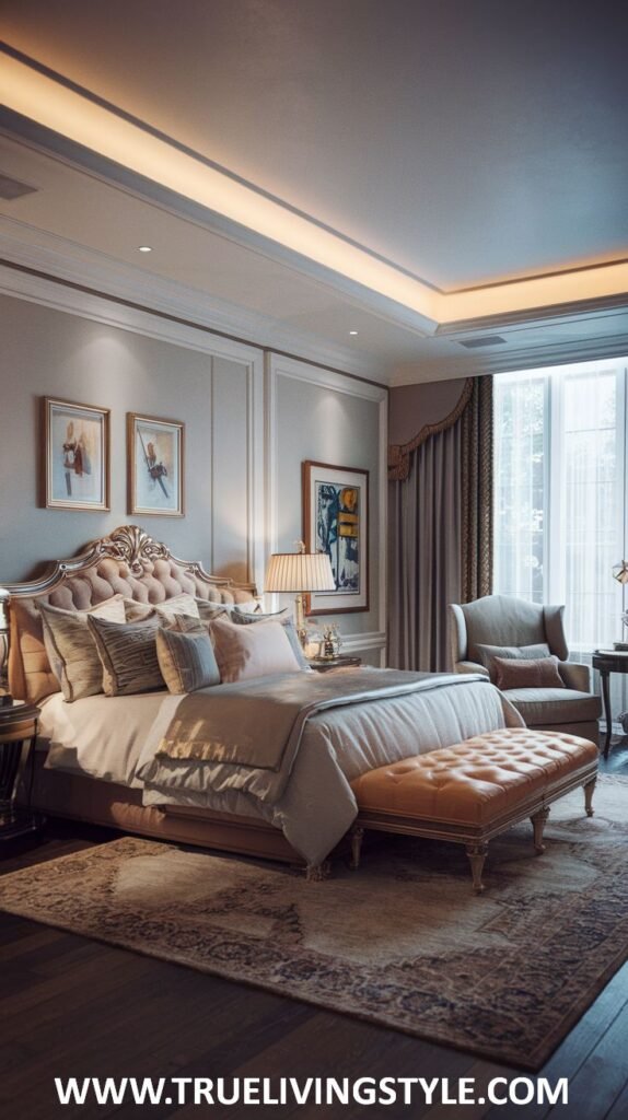 Sophisticated bedroom with a leather bench providing seating.