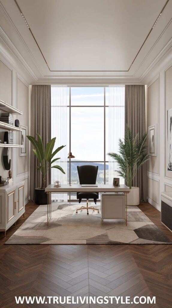 A bright and spacious home office featuring a luxury white desk with gold accents, a black leather executive chair, large windows with curtains, and tall potted plants.