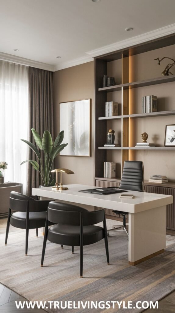 A modern executive luxury office with a large rectangular white desk, black guest chairs, and a bookshelf with open and closed storage.