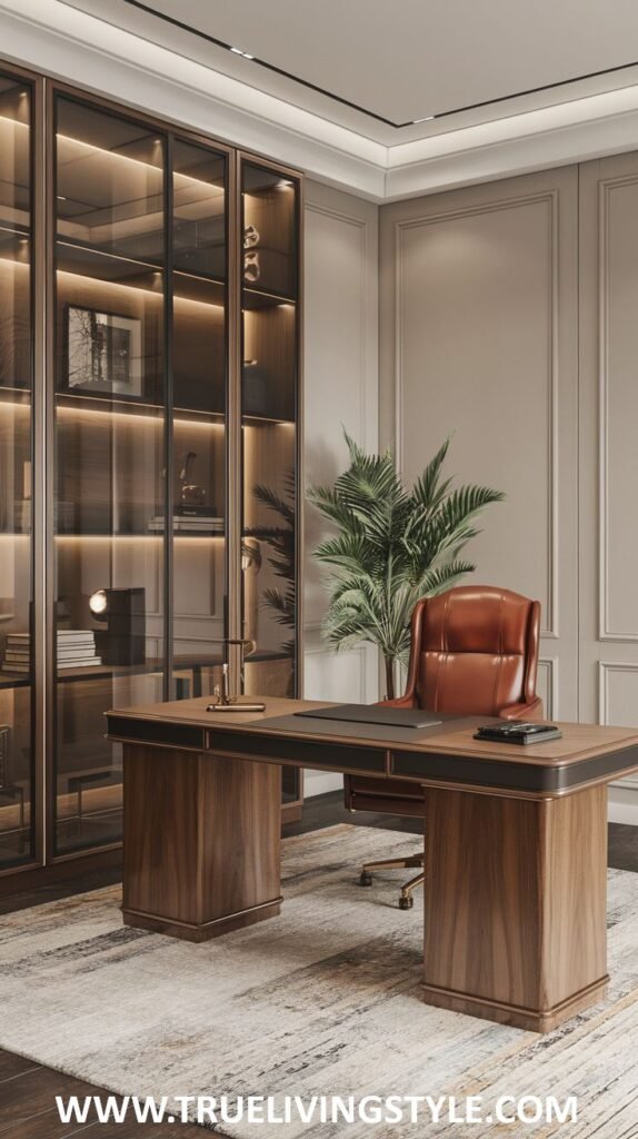 A luxury office exuding opulence with a rich dark wood desk, a brown leather executive armchair, and a tall glass display cabinet.