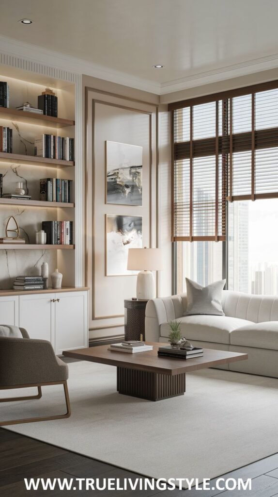 A comfortable and stylish luxury office lounge area with a modern coffee table, a cream-colored sofa, and a comfortable armchair.