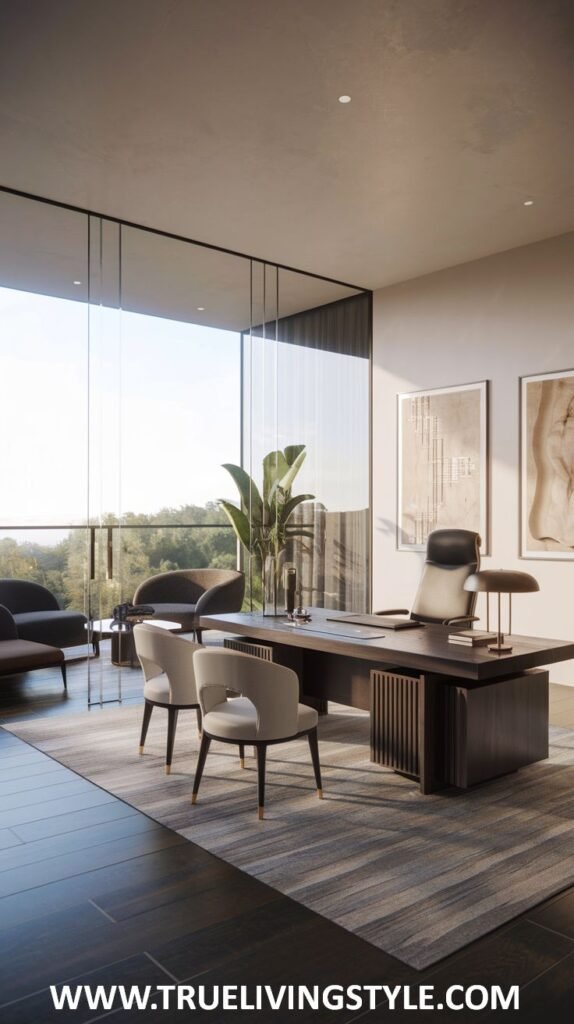 A bright modern luxury office with a long, spacious desk featuring a dark work surface and light support, and comfortable light-colored meeting chairs.