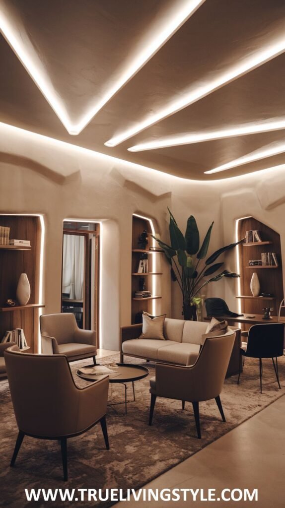 A unique and inviting luxury office space with organically shaped walls, integrated shelving, diverse seating options, and creative lighting.