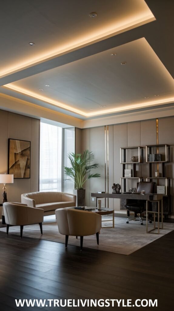 A sophisticated luxury office featuring a curved desk with a dark work surface and light accents, comfortable lounge chairs, and a patterned rug.