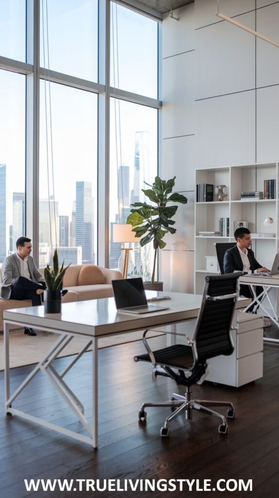 A contemporary open-plan luxury office with modular desks featuring clean lines and comfortable adjustable office chairs.