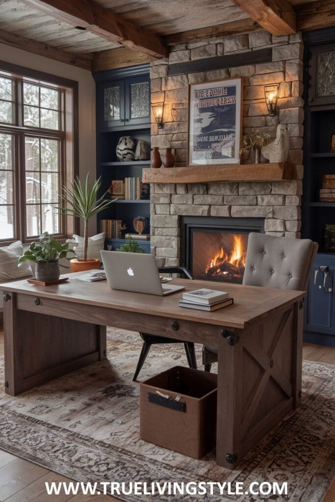 A cozy rustic luxury office with a sturdy wooden desk, a comfortable upholstered office chair, a stone fireplace, and built-in dark wood shelving.