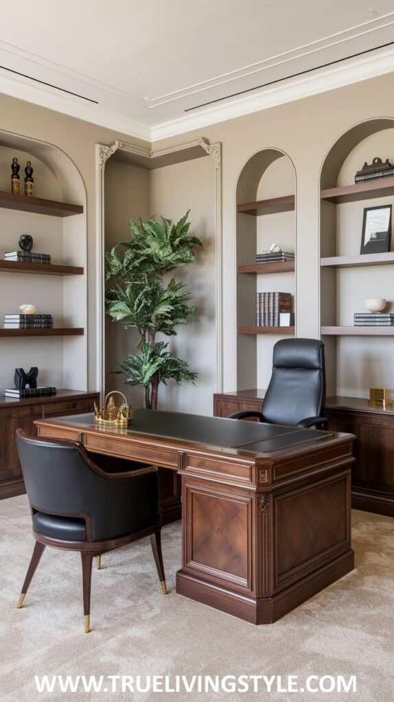 An elegant luxury office with a beautifully crafted wooden desk featuring intricate details, a black leather executive chair, and a matching guest chair.