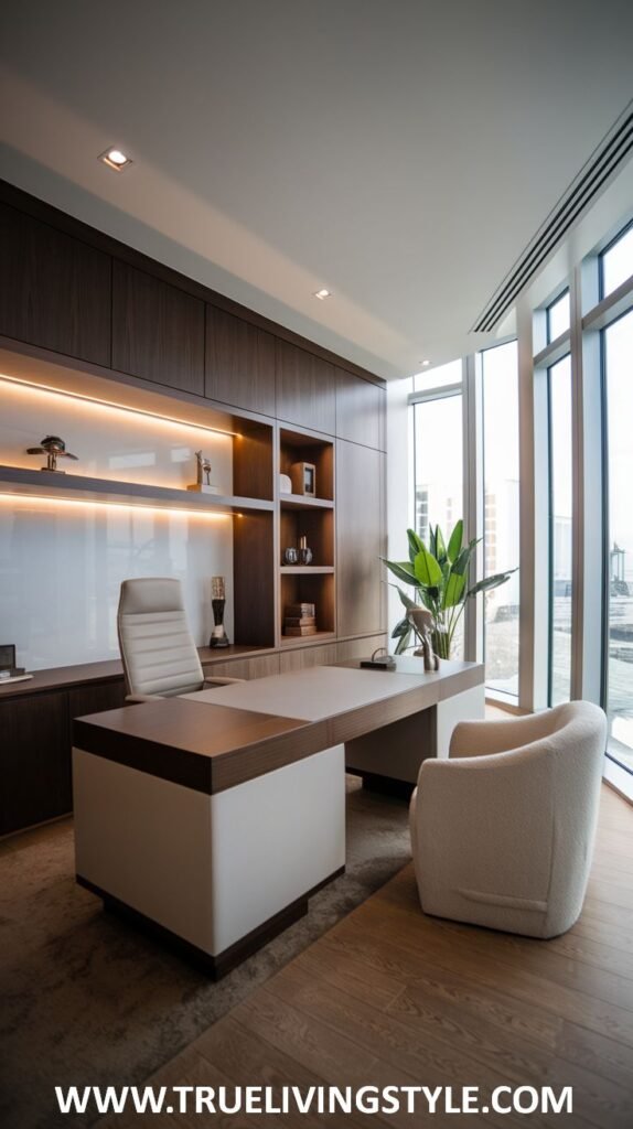 A sophisticated luxury office with dark wood built-in cabinetry, a uniquely shaped light-colored desk, and a comfortable cream guest chair.