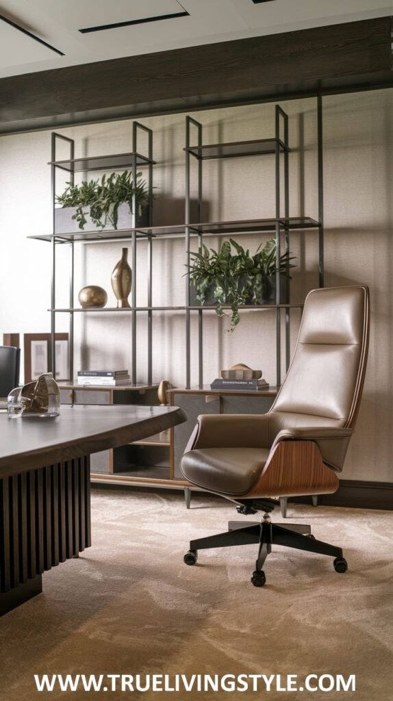 A modern and streamlined luxury office with a simple desk featuring a dark work surface and a high-backed leather executive chair.