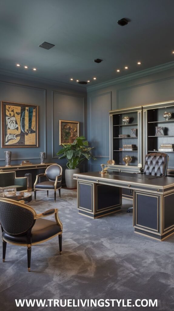 A grand and formal luxury office with a large black desk featuring gold accents, a tufted leather executive chair, dark wall paneling, and opulent lighting.