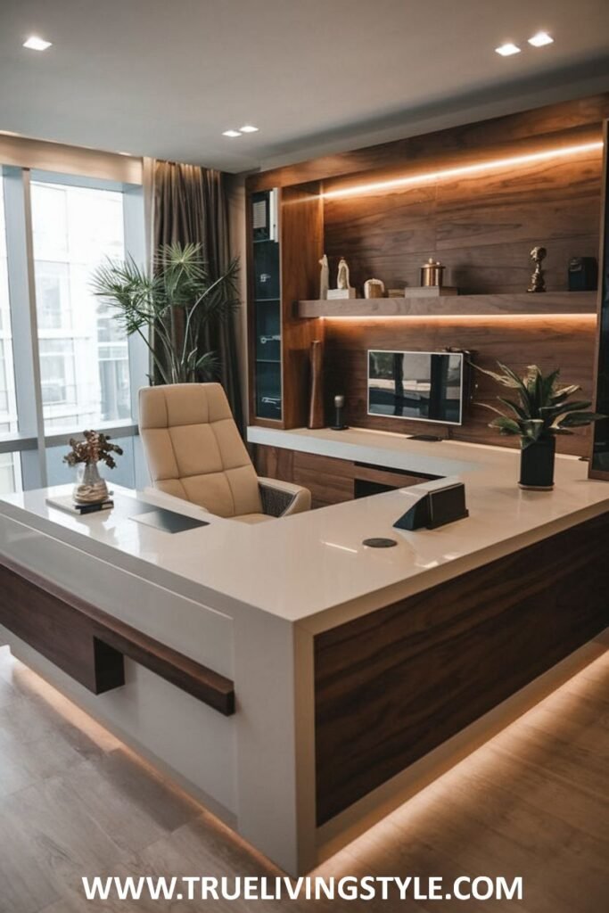A modern and efficient luxury office with a U-shaped desk offering ample workspace and a comfortable light-colored office chair.
