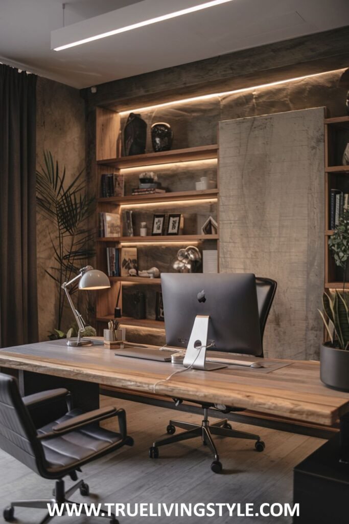 An industrial-chic luxury office with a sturdy wooden desk featuring metal legs, a comfortable black office chair, and open shelving with a concrete backdrop.