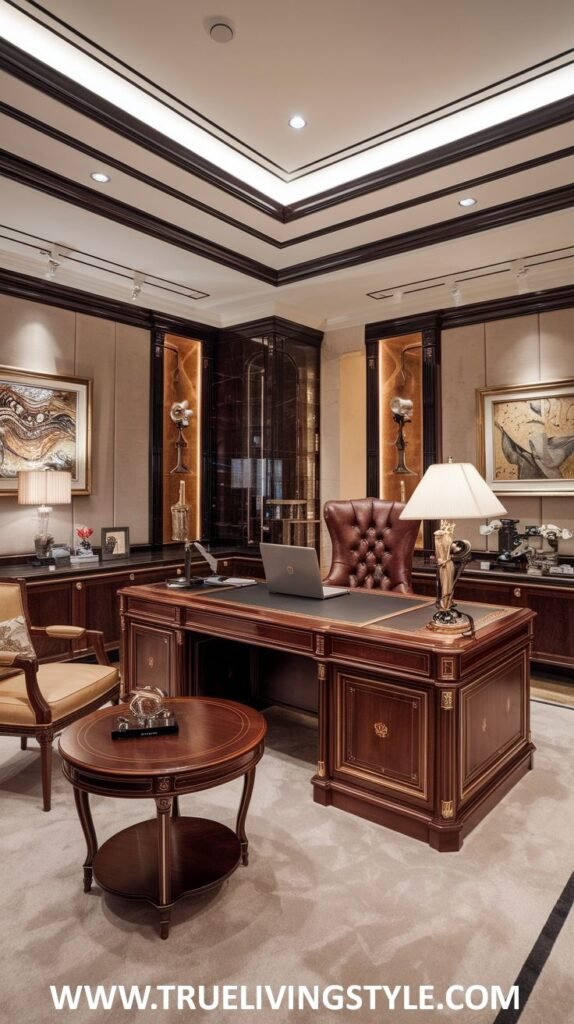 A classic and opulent luxury office with an ornate wooden desk featuring rich carvings, a brown leather executive chair, and a matching armchair.