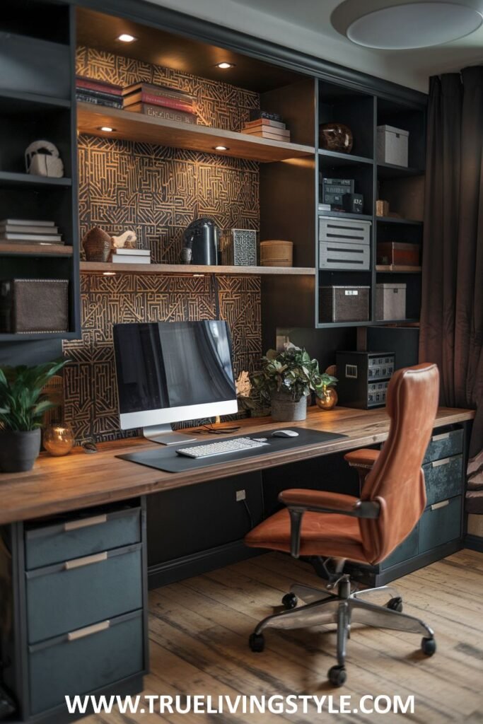 A stylish and functional luxury office with a wooden desk featuring drawers and a dark work surface, a brown leather office chair, and open shelving with a patterned wallpaper.
