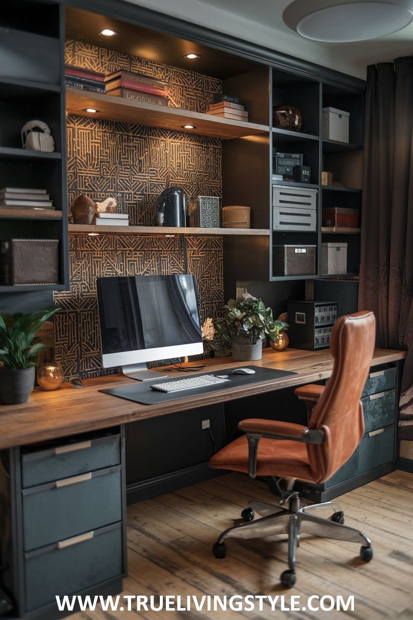 A stylish and functional luxury office with a wooden desk featuring drawers and a dark work surface, a brown leather office chair, and open shelving with a patterned wallpaper.
