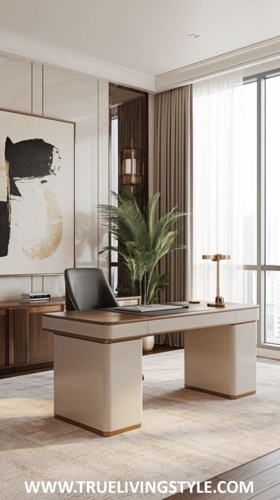 A contemporary luxury office showcasing a light-colored desk with dark wood drawers, a black office chair, and a statement piece of abstract artwork.