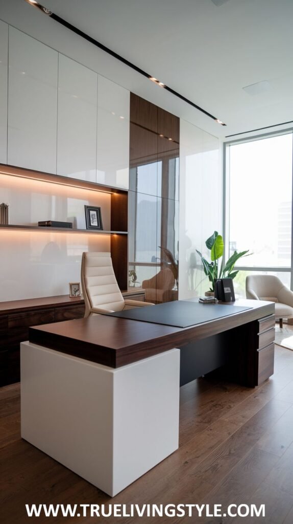 A sleek and minimalist luxury office design with glossy white wall-mounted storage and a simple desk with a dark work surface.
