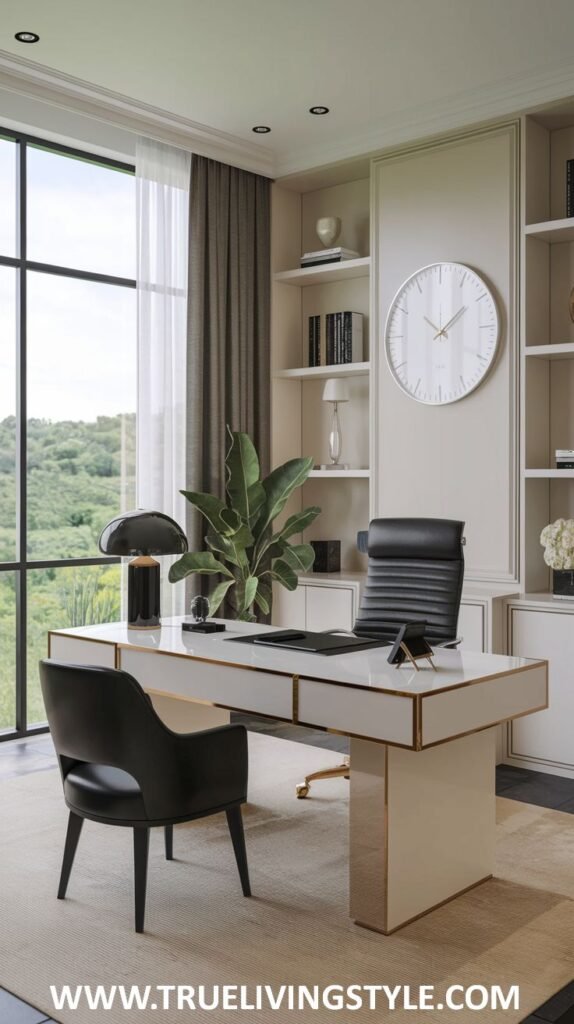 An elegant home office with a luxury white desk featuring gold legs, a black leather chair, built-in off-white shelving, and a round white clock.