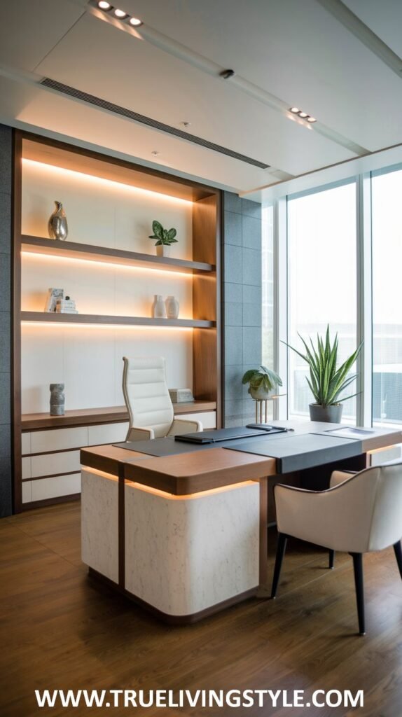 A modern luxury office featuring a unique curved desk with a light-colored top, a white executive chair, ambient LED lighting, and a tall potted plant.