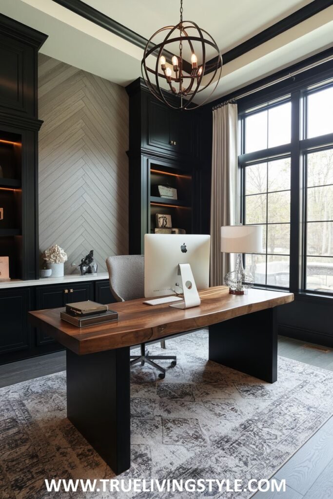A traditional executive office with a large, solid wood luxury desk, a classic leather executive chair, dark wood bookcases, and paneling.