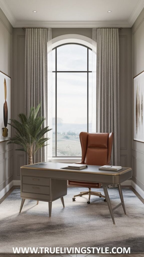 A refined luxury office space with a classic-style desk featuring metallic details and a brown leather wingback chair.