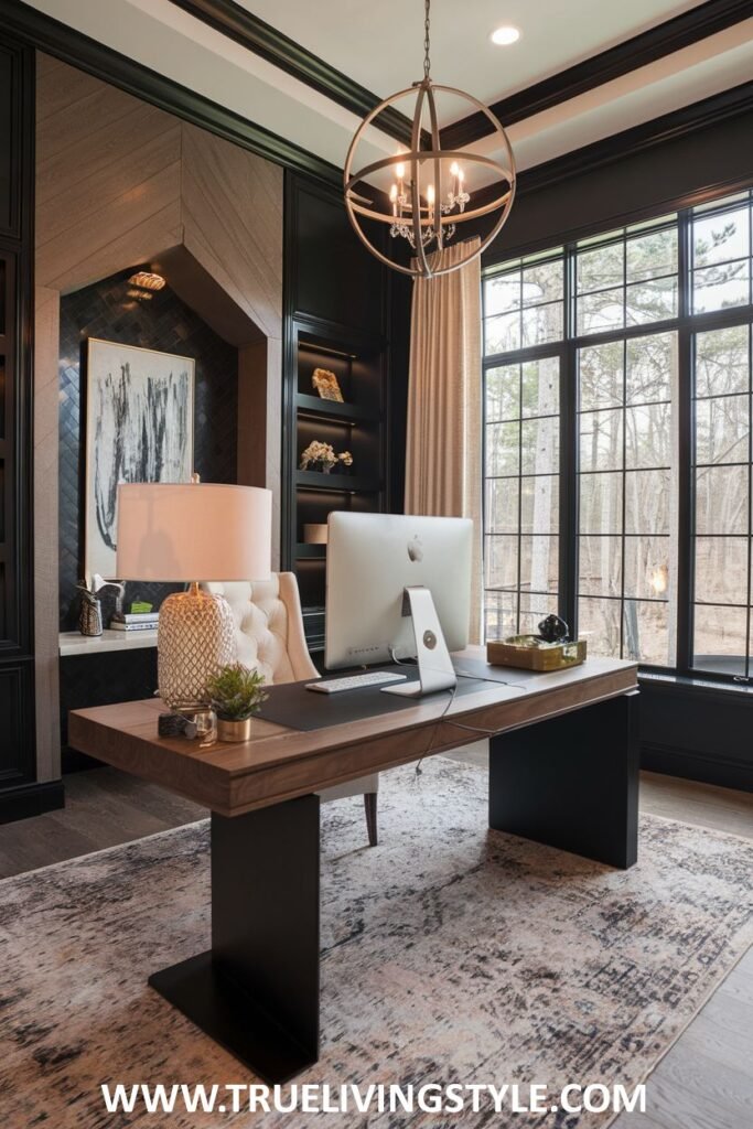 A sophisticated luxury office blending rustic and modern elements with a sturdy wooden desk and a light-colored office chair.