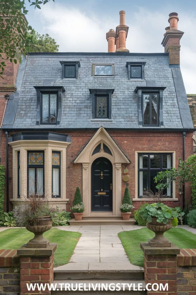 A brick Victorian cottage with a steep roof and bay window.