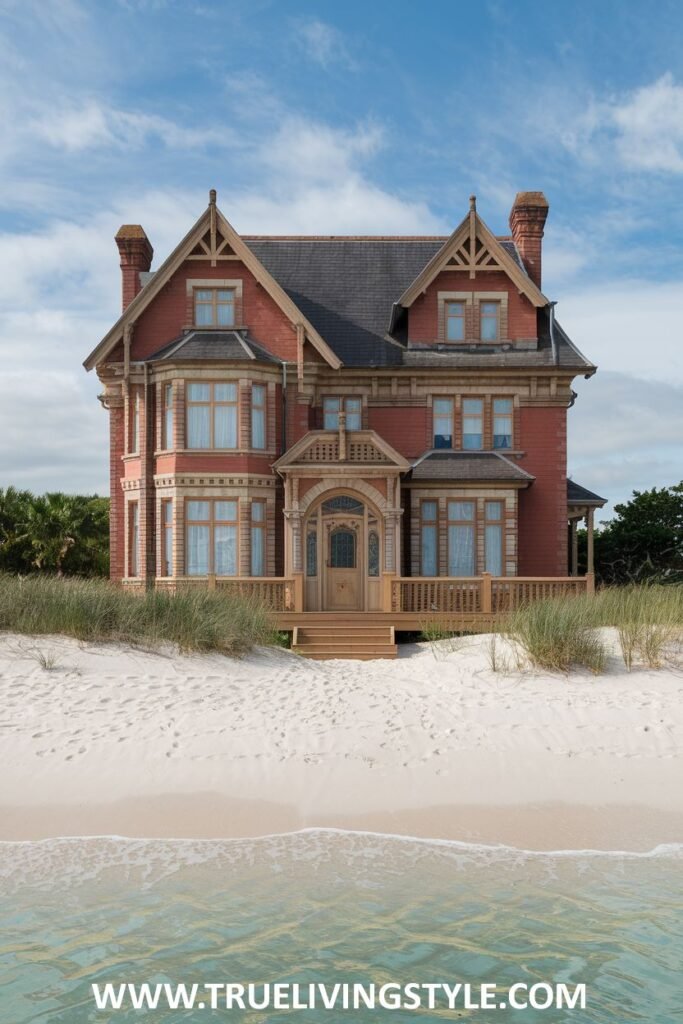 A beachside Victorian cottage with a porch overlooking the ocean.