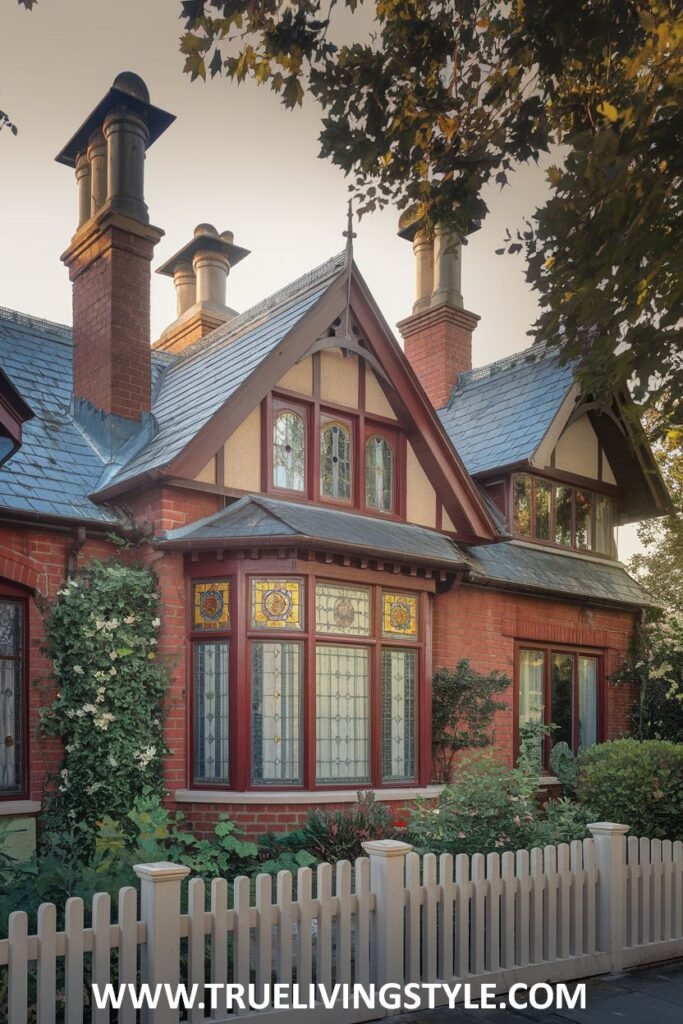 A red brick Victorian cottage with stained glass windows.