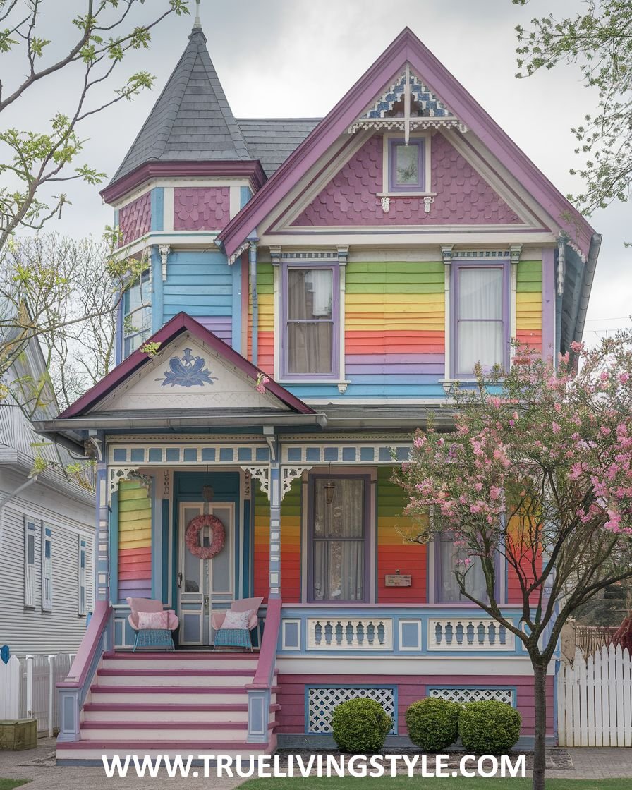 A rainbow-colored Victorian cottage with a vibrant exterior.