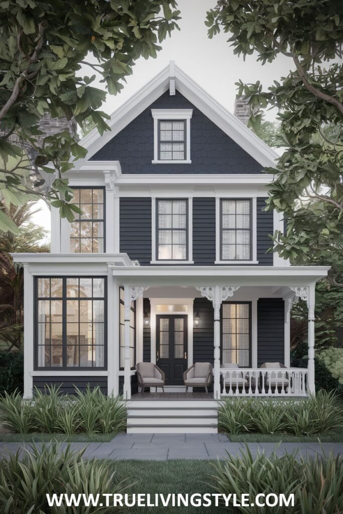 A two-story Victorian cottage with dark siding and white trim.