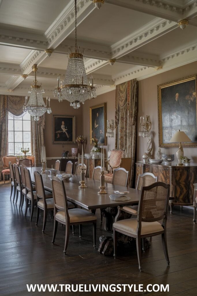 A sophisticated dining room is designed with neutral walls and dark wood floors.