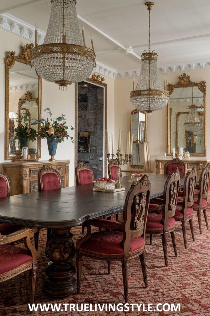 This dining room features a carved table base and is accented with warm red tones.