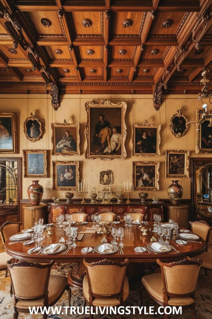 A grand dining room is enhanced by a coffered ceiling and a portrait gallery.