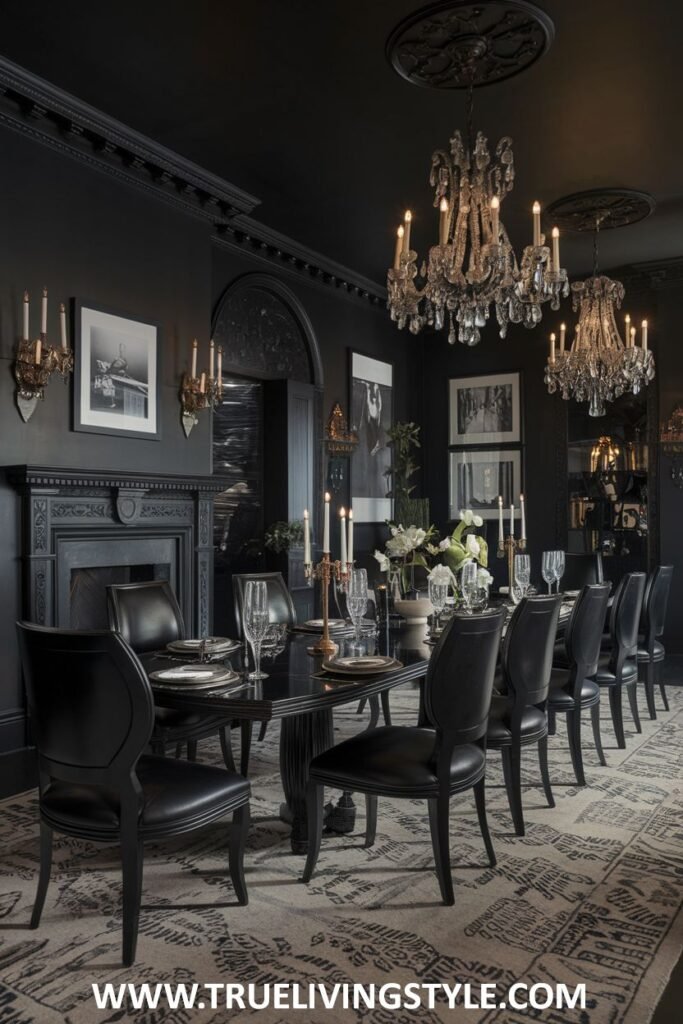 A modern dining room features a monochromatic black design with a sparkling crystal chandelier.