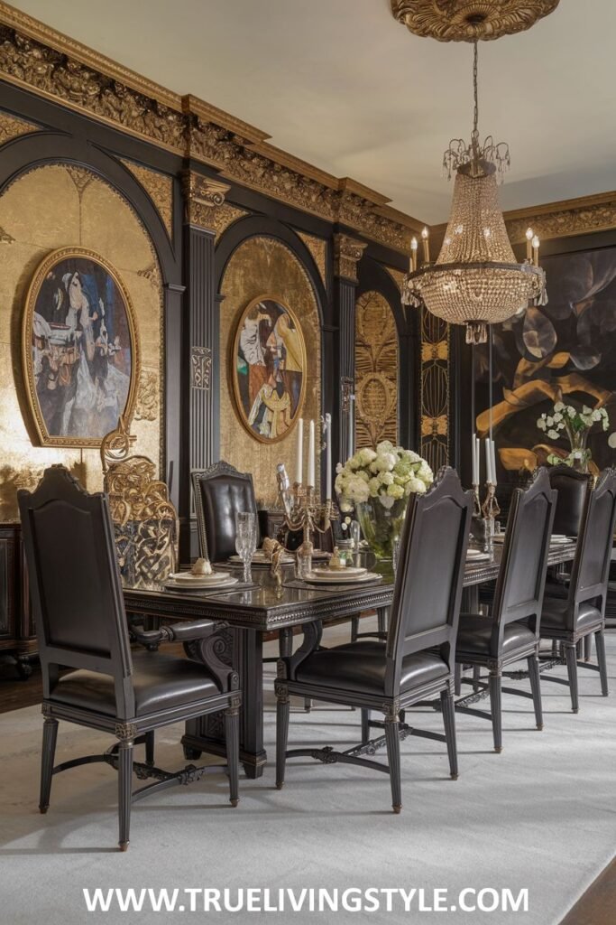 A luxurious dining room features black and gold accents with carefully selected art pieces.