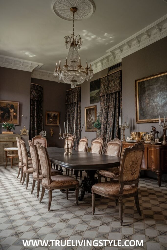 A stylish dining room combines patterned floors with elegant drapes.