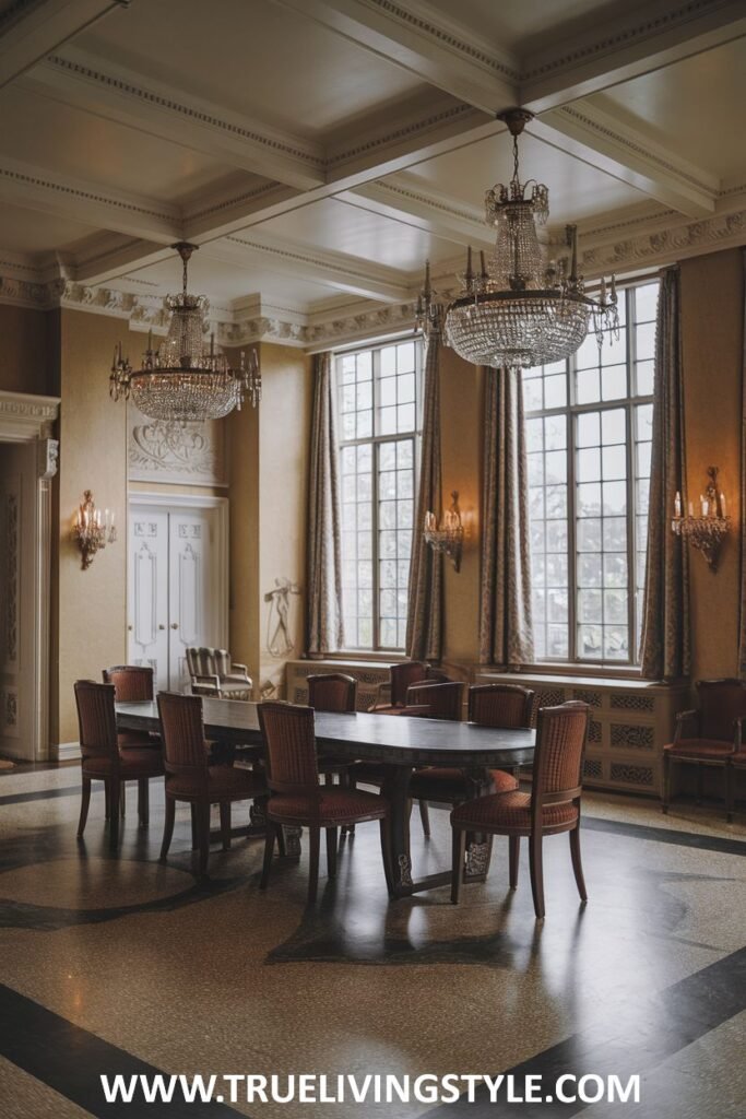 A spacious dining room boasts high ceilings and tall windows, filled with natural light.